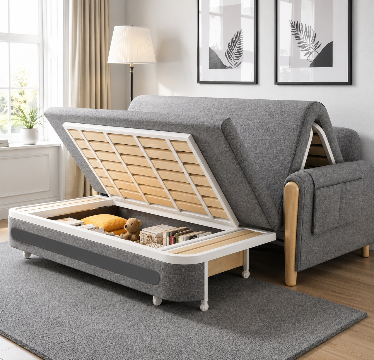Unicorn Furniture 2 Seater Pull Out Sofa Bed with Storage – Grey & White