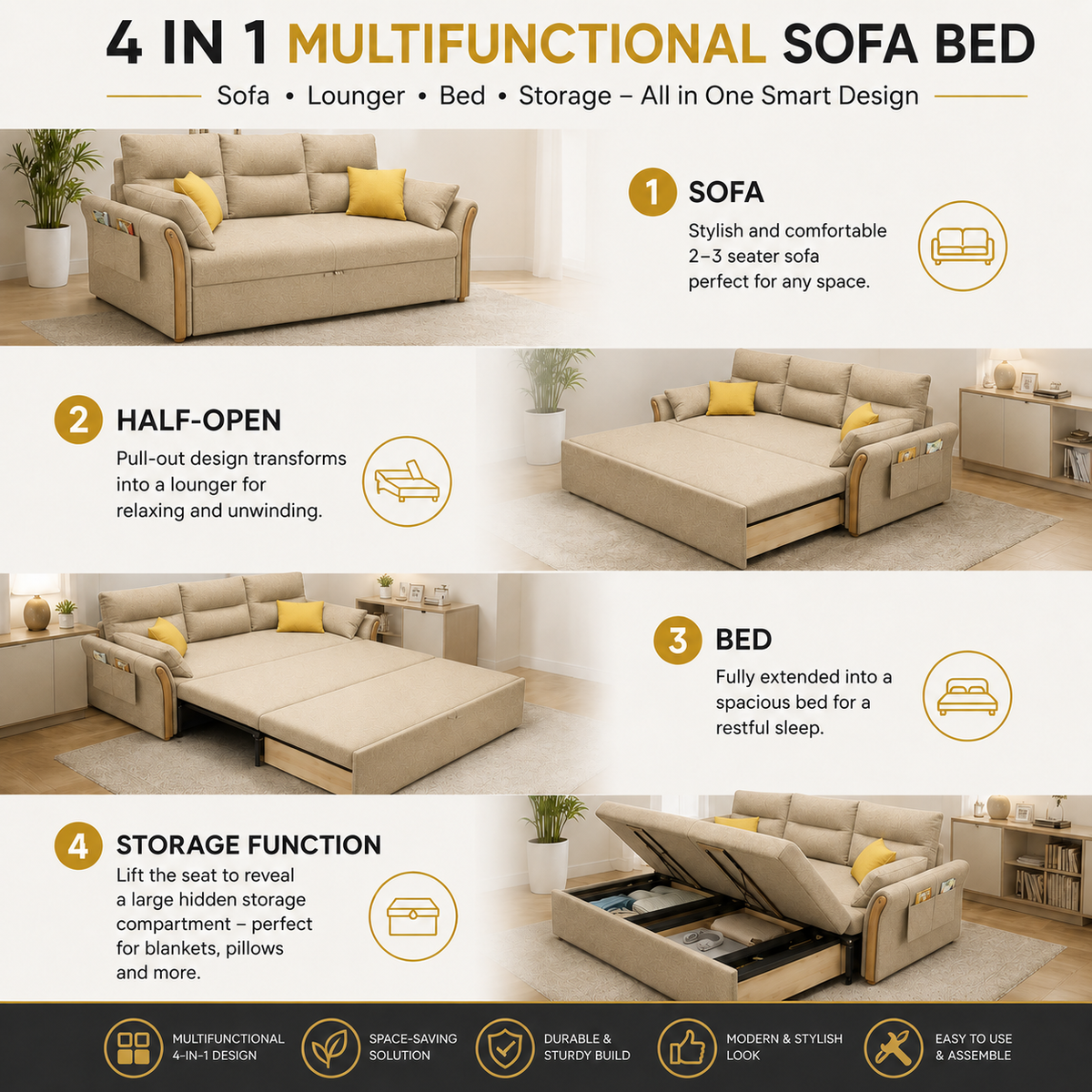 Unicorn Furniture Convertible Sofa Bed – King Size 3 Seater Pull Out Sofa Bed with Storage, Reclining Sleeper Couch, Tool-Free Assembly for Living Room & Guest Room (Beige)