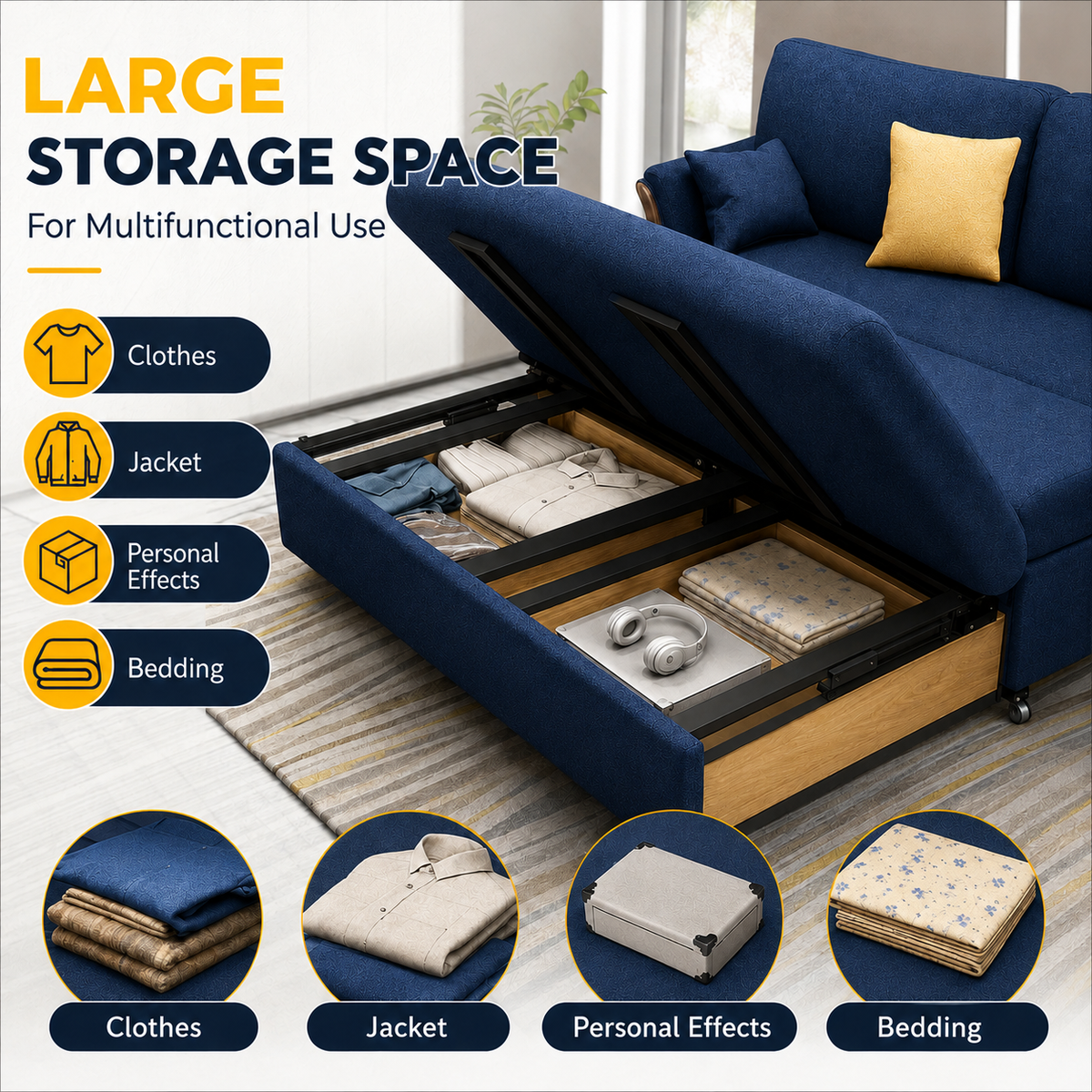 Unicorn Furniture Convertible Sofa Bed – King Size 3 Seater Pull Out Sofa Bed with Storage, Reclining Sleeper Couch, Tool-Free Assembly for Living Room & Guest Room (Blue)