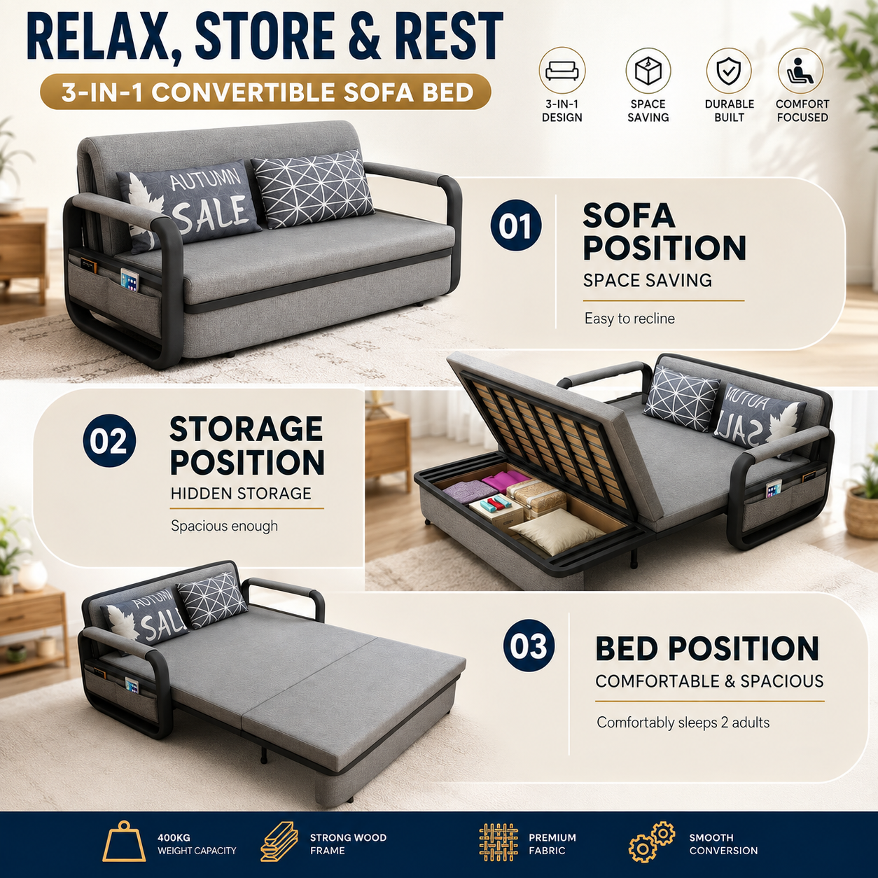 UNICORN FURNITURE Pull Out Sofa Bed with Storage – Convertible 2 Seater Sofa Bed, Reclining Sleeper Couch, Compact Space Saving Sofabed for Living Room, Guest Room & Small Spaces 158cm (Grey & Black)