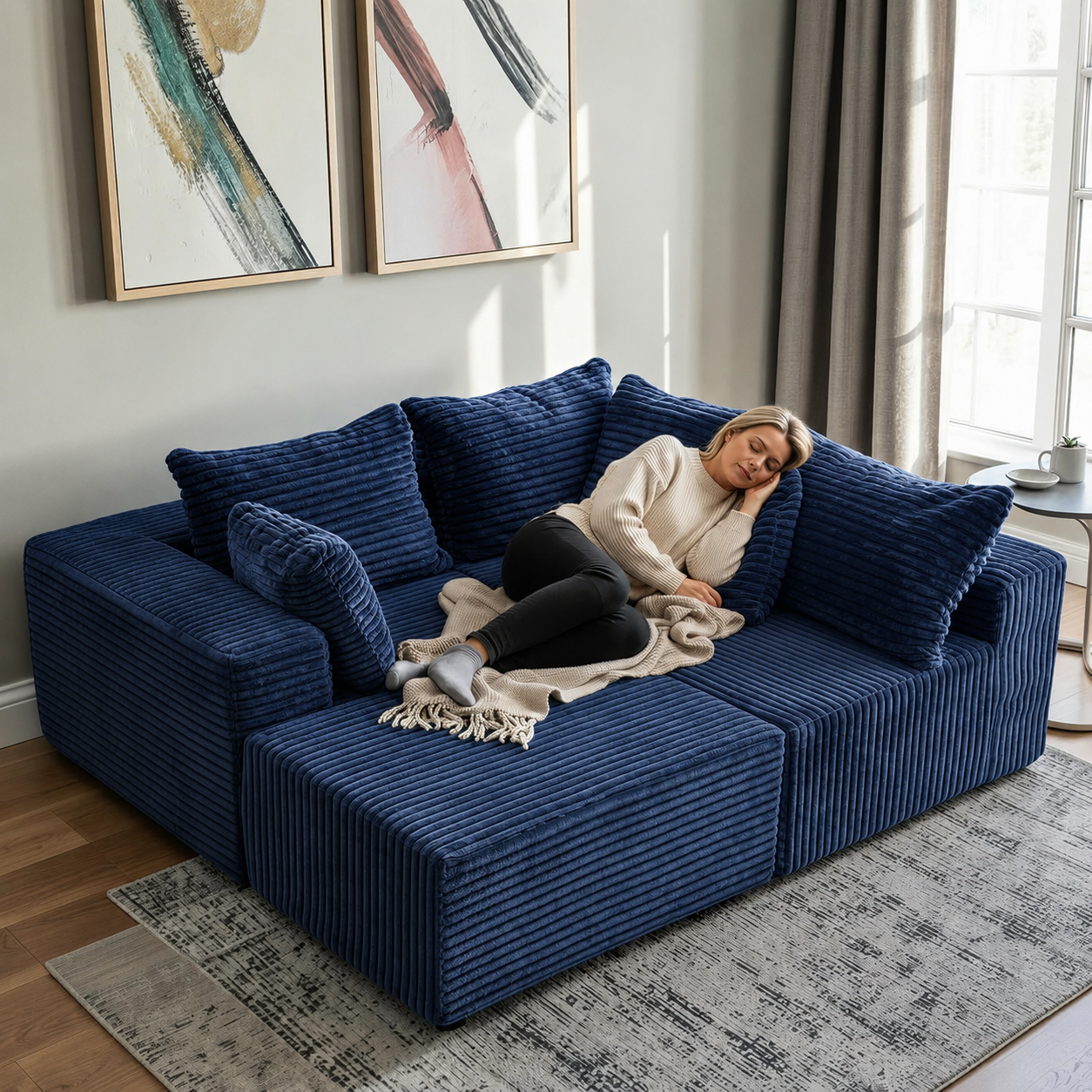 UNICORN FURNITURE Modular Cloud Sofa Bed in a Box – 275cm L-Shaped Boneless Couch, Deep Seat Memory Foam Sectional Sofa, Pet Friendly Corduroy Corner Sofa with Chaise (Blue)