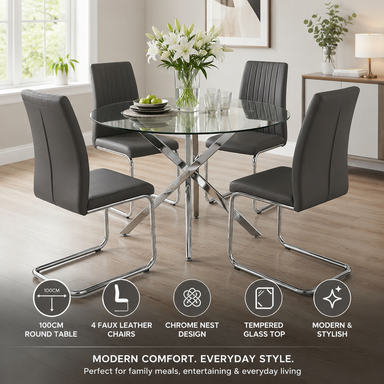 UNICORN FURNITURE Arezzo 100cm Round Glass Dining Table Set with 4 Faux Leather Chairs – Gold Chrome Table & Silver Chrome Legs