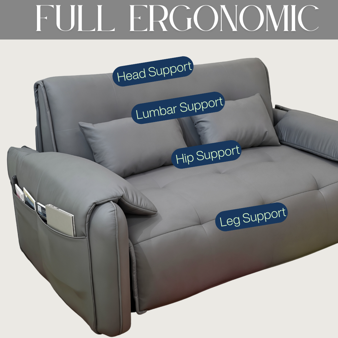 UNICORN FURNITURE Elephant Style Pull Out Sofa Bed Remote Control Recliner Motorised 3-Seater Pull Out Sofa Bed with Storage in Faux Leather with 5-Speed Adjustable Legrest, Ergonomic Support