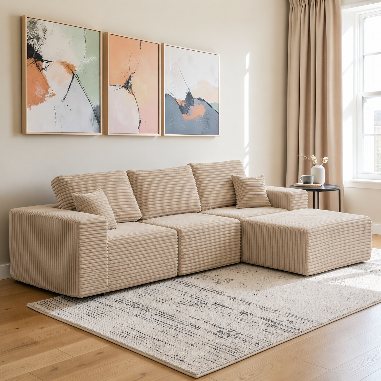 UNICORN FURNITURE Modular Cloud Sofa Bed in a Box – 275cm L-Shaped Boneless Couch, Deep Seat Memory Foam Sectional Sofa, Pet Friendly Corduroy Corner Sofa with Chaise (Beige)