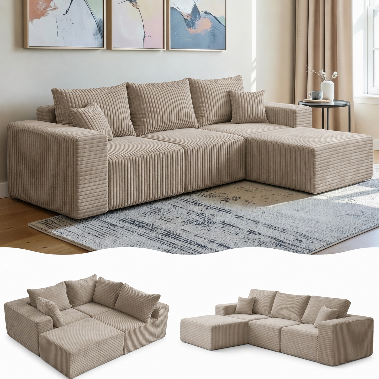 UNICORN FURNITURE Modular Cloud Sofa Bed in a Box – 275cm L-Shaped Boneless Couch, Deep Seat Memory Foam Sectional Sofa, Pet Friendly Corduroy Corner Sofa with Chaise (Beige)