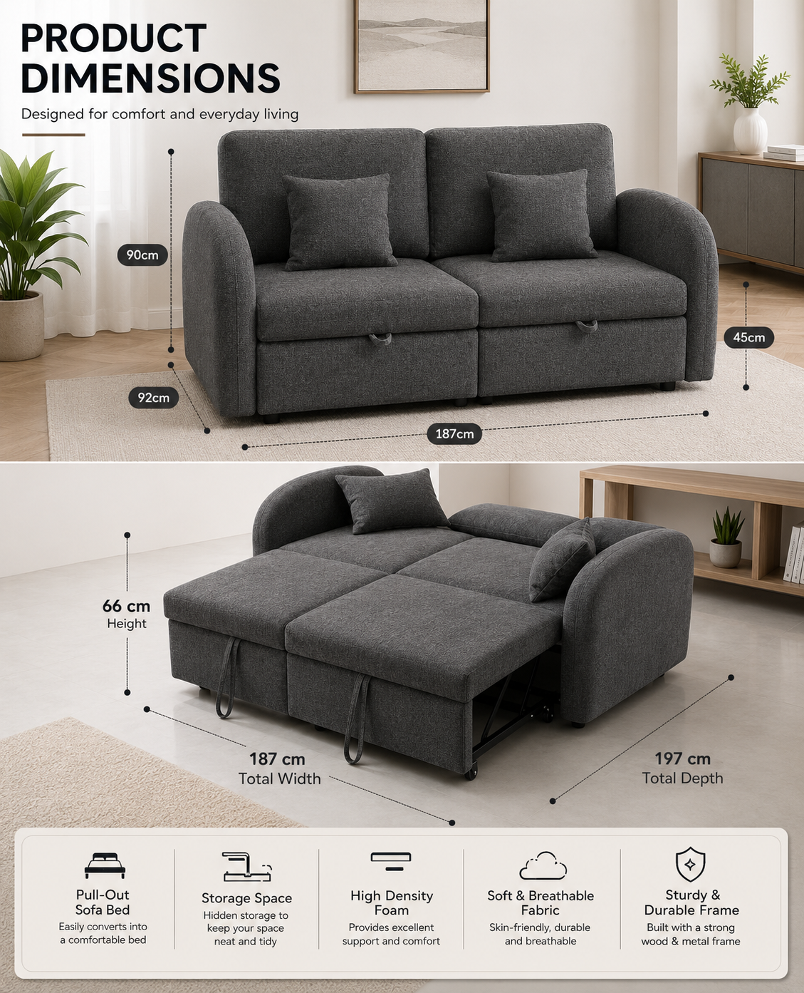 UNICORN FURNITURE Convertible 2 Seater Pull Out Sofa Bed with Storage & 5-Level Reclining Backrest – Dark Grey