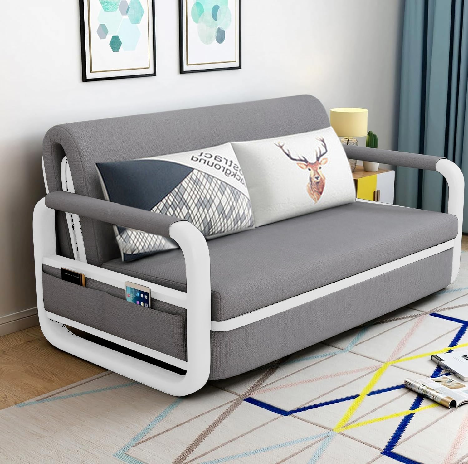 UNICORN FURNITURE Sofa Bed with Storage – Pull Out Sofa Bed with Storage for Small Spaces, Sleeper Couch with Armrest Pockets, Foldable Reclining Design, Easy Assembly, 158cm Width (Glacier Grey)