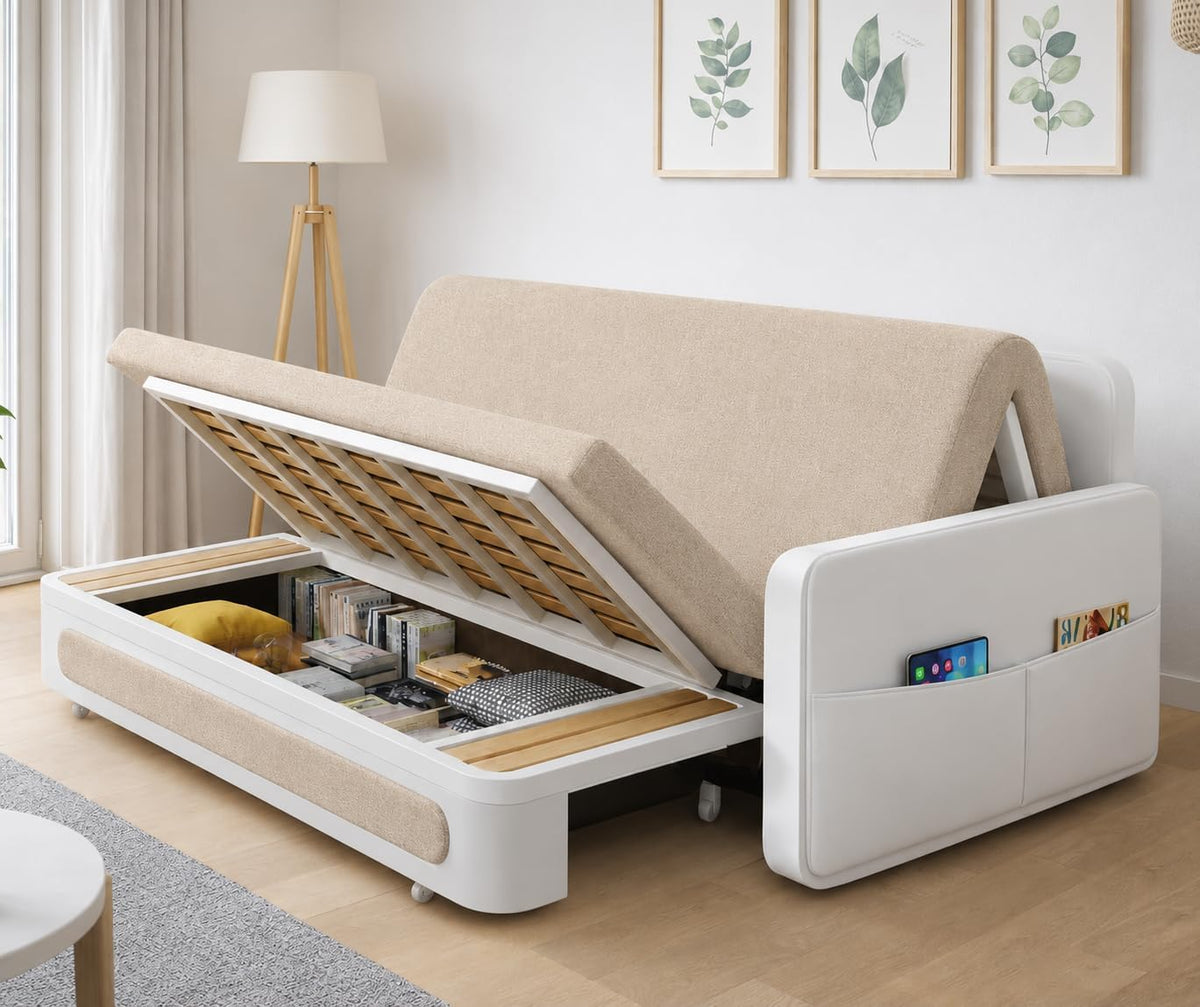 Unicorn Furniture Sofa Bed with Storage – Beige & White 2 Seater Pull Out Sofa Bed, Convertible Sleeper Sofa for Small Spaces, 158cm