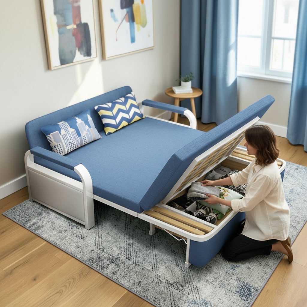 Unicorn Furniture Sofa Bed - Modern Foldable Bed Pull Out Sofa Bed with Storage Sofabed sofa cum bed in Made to Match Cushions (Blue/White)