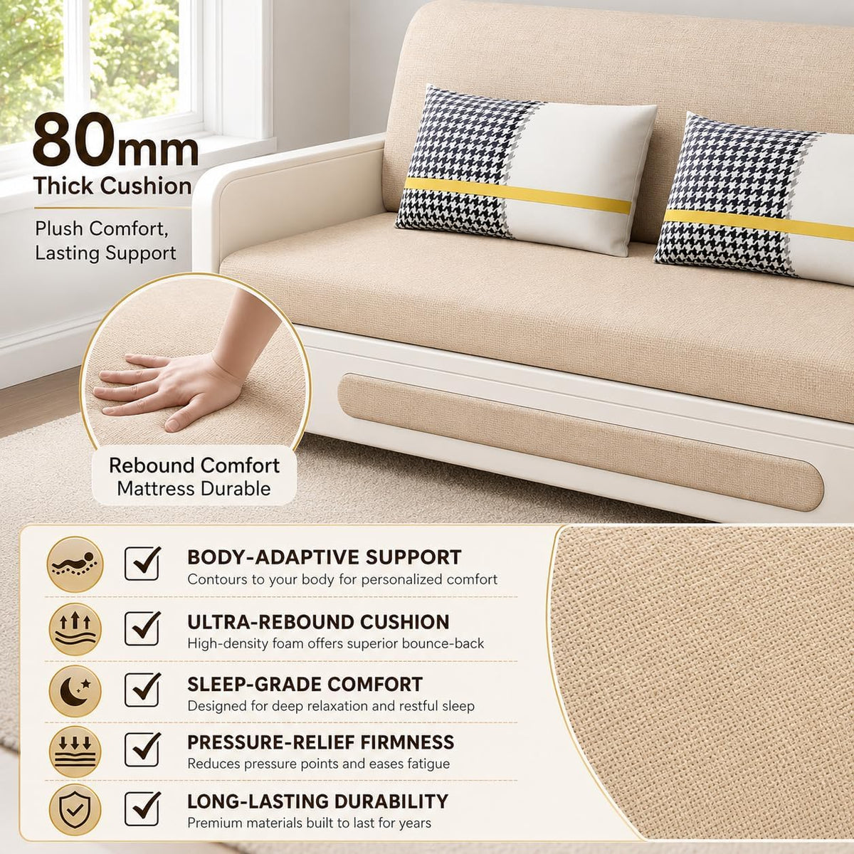 Unicorn Furniture Sofa Bed with Storage – Beige & White 2 Seater Pull Out Sofa Bed, Convertible Sleeper Sofa for Small Spaces, 158cm
