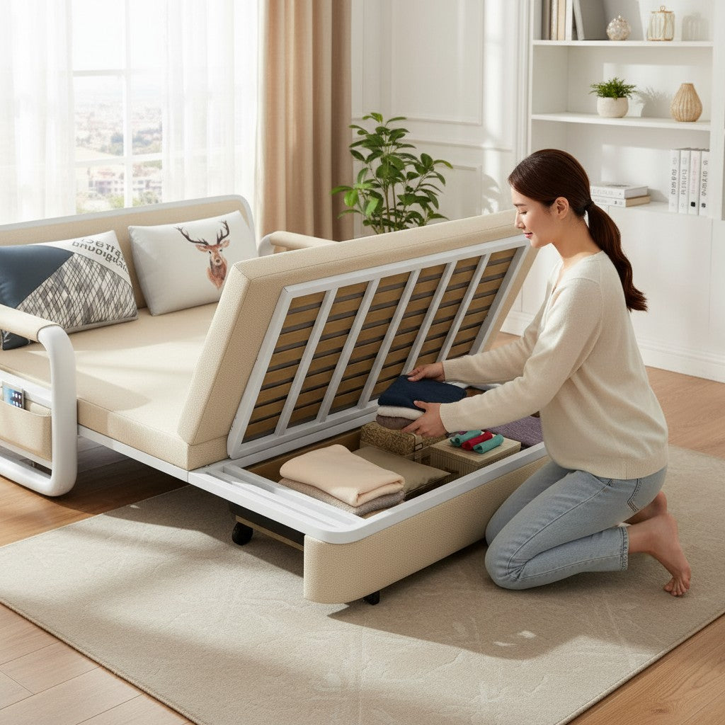 UNICORN FURNITURE Sofa Bed with Storage – Double Sofa Bed Pull Out, Convertible 2 Seater Sofa Bed, Reclining Sleeper Couch, Compact Space Saving Sofabed 158cm (Beige & White Frame)