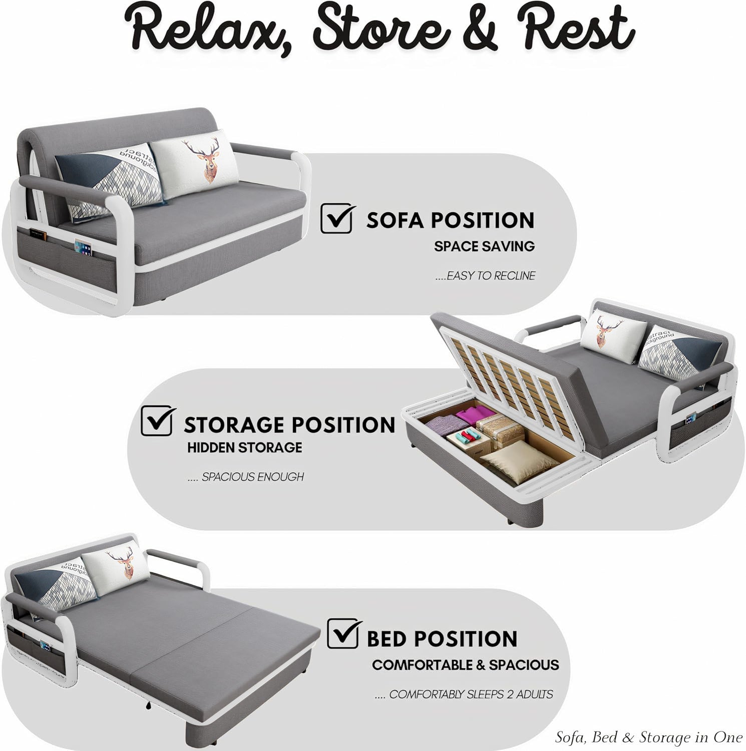 UNICORN FURNITURE Sofa Bed with Storage – Pull Out Sofa Bed with Storage for Small Spaces, Sleeper Couch with Armrest Pockets, Foldable Reclining Design, Easy Assembly, 158cm Width (Glacier Grey)