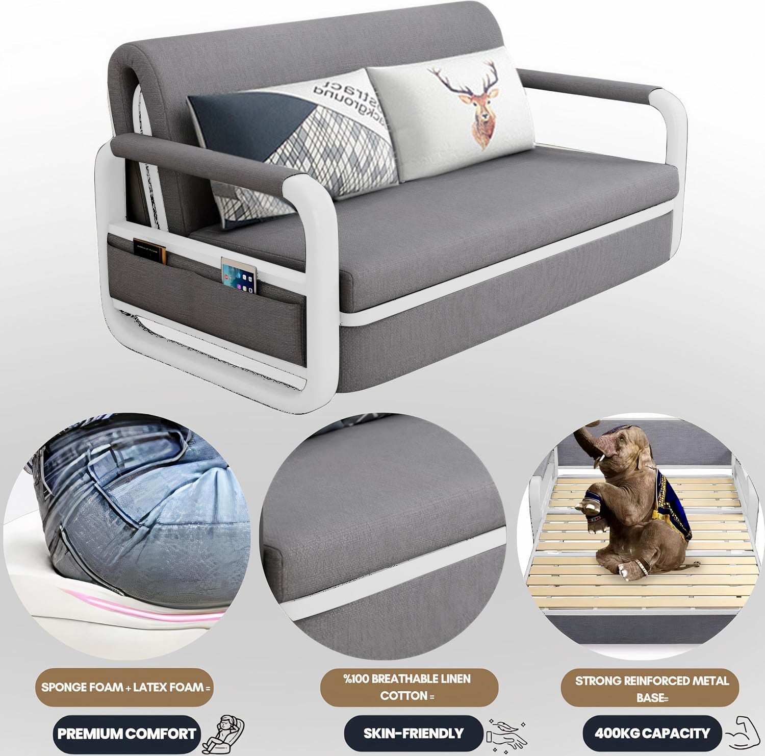 UNICORN FURNITURE Sofa Bed with Storage – Pull Out Sofa Bed with Storage for Small Spaces, Sleeper Couch with Armrest Pockets, Foldable Reclining Design, Easy Assembly, 158cm Width (Glacier Grey)