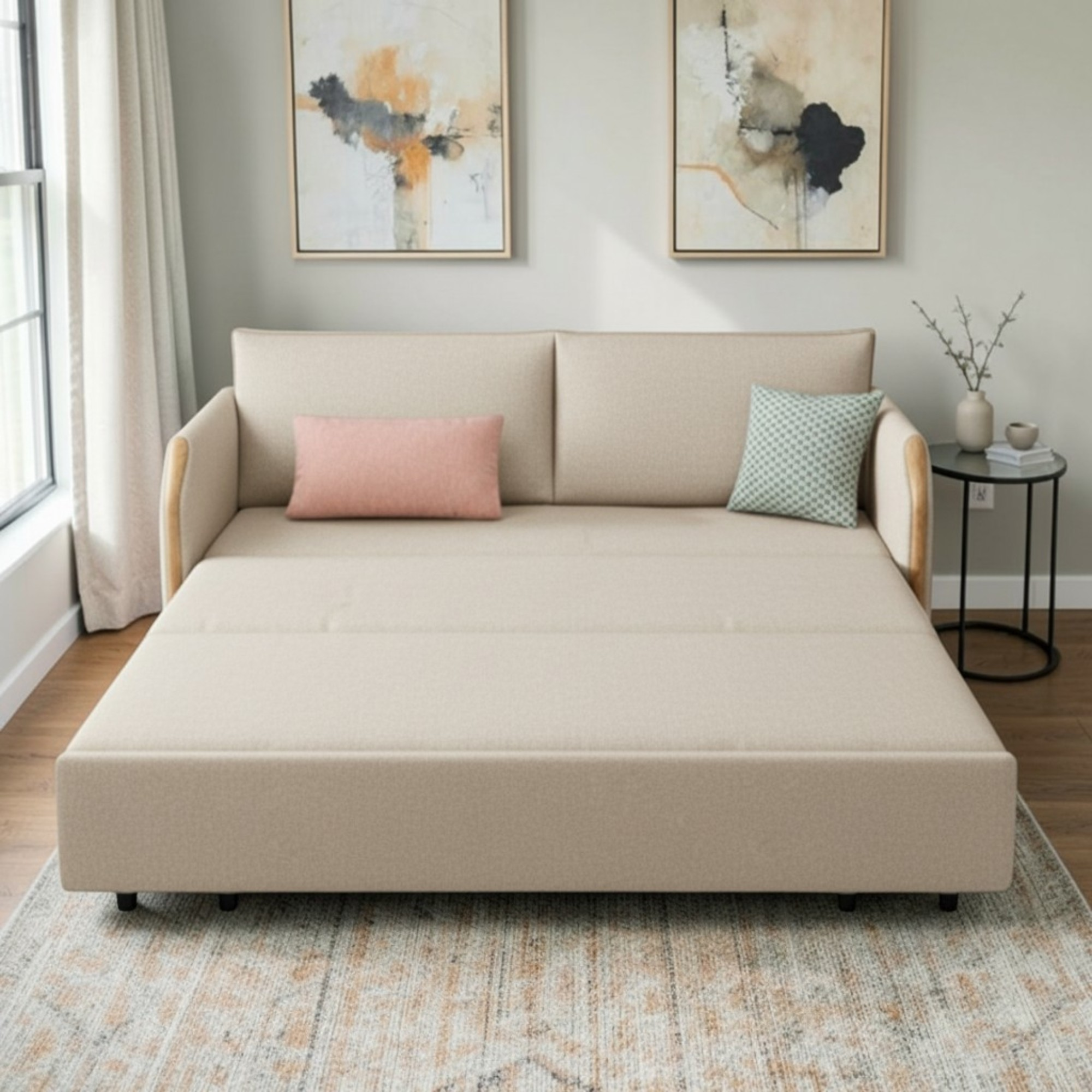 UNICORN FURNITURE Convertible Sofa Bed with Storage, King Size Pull Out Sofa Bed, 3 Seater Sofa Bed in Removable Cotton Fabric, Tool-Free Assembly Sofa Bed with Hidden Storage 170cm (Beige)
