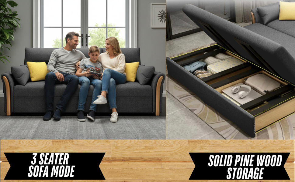 Unicorn Furniture Convertible Sofa Bed – King Size Pull Out Sofa Bed with Storage, Modern Reclining Sleeper Couch, Cotton Fabric, Tool-Free Assembly for Living Room & Guest Room (Grey)