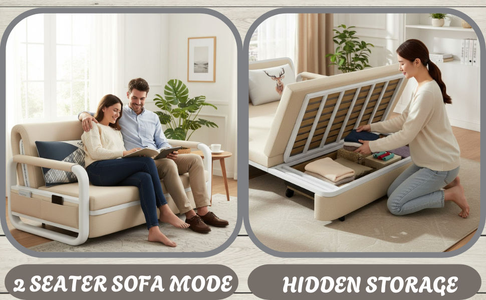 UNICORN FURNITURE Sofa Bed with Storage – Double Sofa Bed Pull Out, Convertible 2 Seater Sofa Bed, Reclining Sleeper Couch, Compact Space Saving Sofabed 158cm (Beige & White Frame)