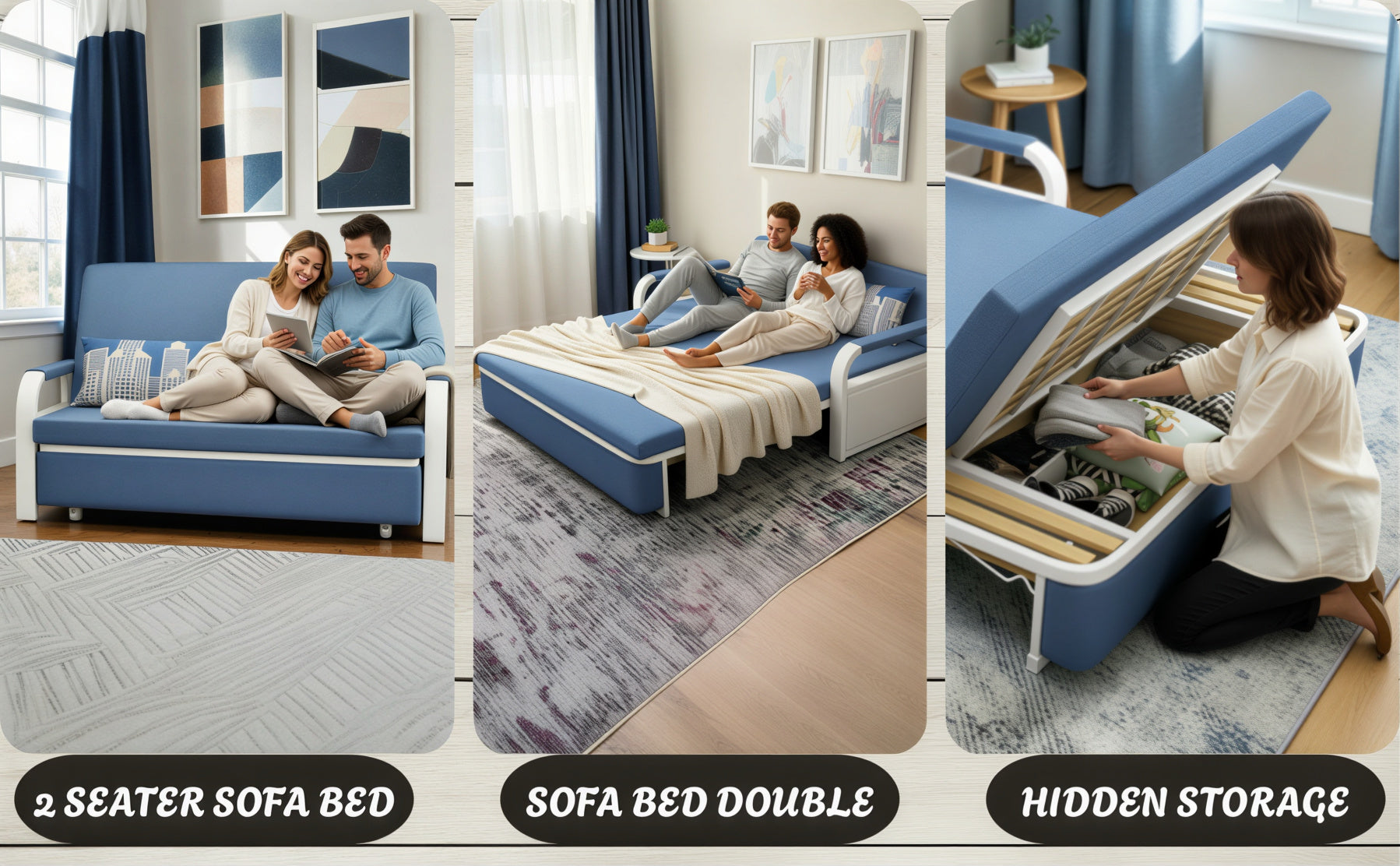 Unicorn Furniture Sofa Bed - Modern Foldable Bed Pull Out Sofa Bed with Storage Sofabed sofa cum bed in Made to Match Cushions (Blue/White)