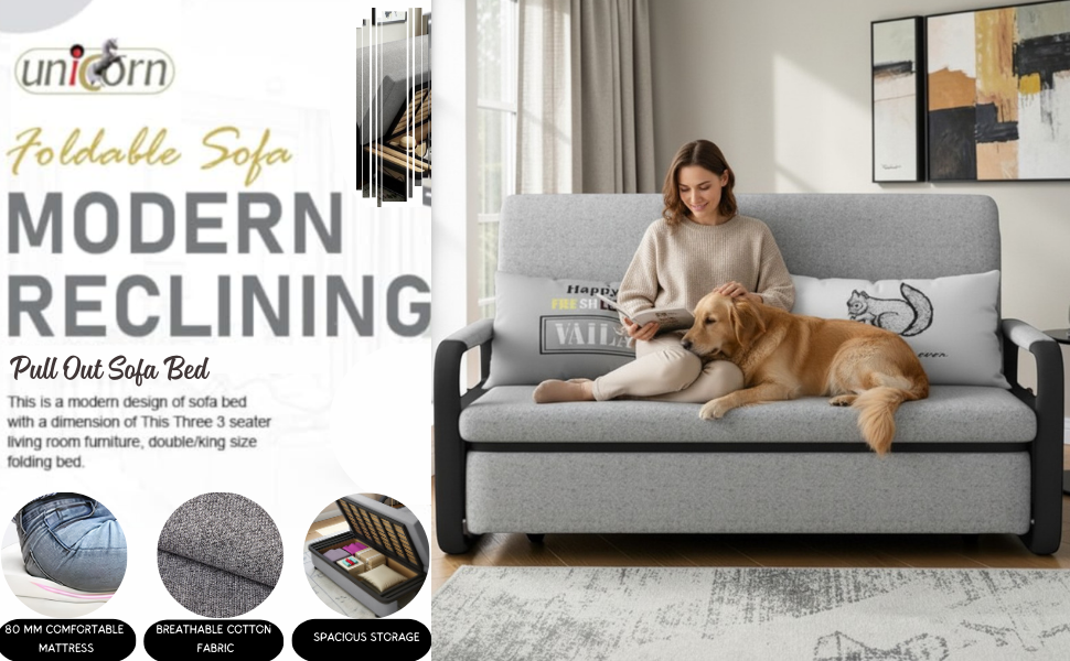 UNICORN FURNITURE Pull Out Sofa Bed with Storage – Convertible 2 Seater Sofa Bed, Reclining Sleeper Couch, Compact Space Saving Sofabed for Living Room, Guest Room & Small Spaces 158cm (Glacier Grey)