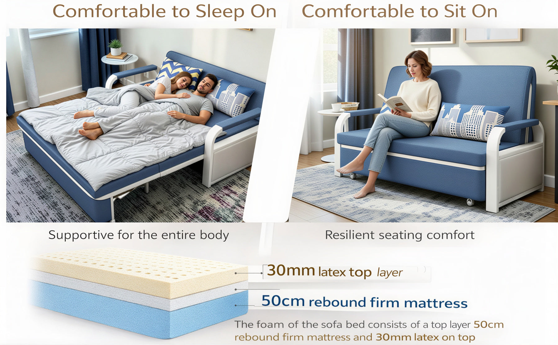Unicorn Furniture Sofa Bed - Modern Foldable Bed Pull Out Sofa Bed with Storage Sofabed sofa cum bed in Made to Match Cushions (Blue/White)