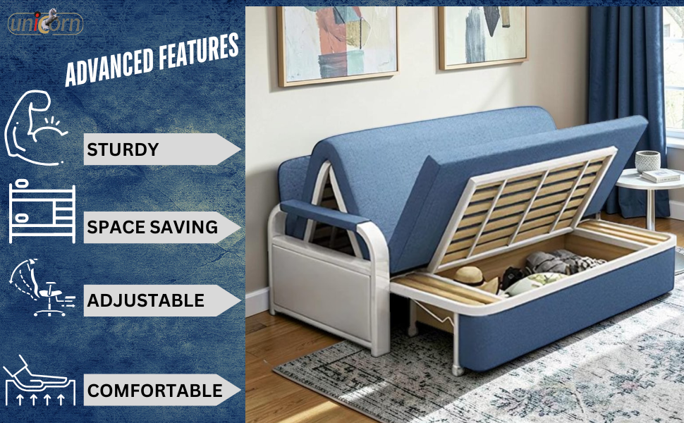 Unicorn Furniture Sofa Bed - Modern Foldable Bed Pull Out Sofa Bed with Storage Sofabed sofa cum bed in Made to Match Cushions (Blue/White)