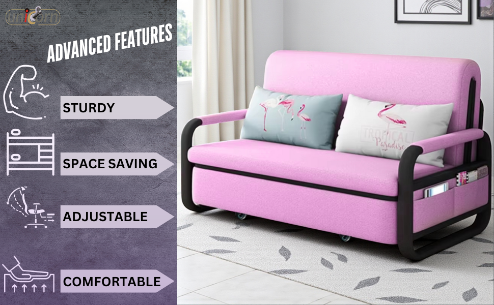 UNICORN FURNITURE Pull Out Sofa Bed with Storage – Convertible Reclining Compact Space Saving Sofabed for Small Spaces 158cm( Pink & Black)