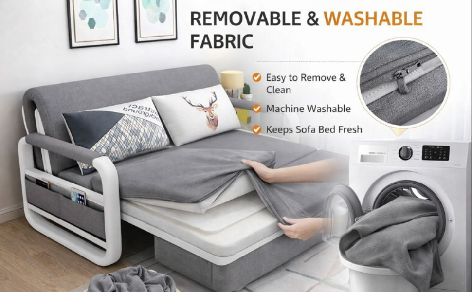 UNICORN FURNITURE Sofa Bed with Storage – Pull Out Sofa Bed with Storage for Small Spaces, Sleeper Couch with Armrest Pockets, Foldable Reclining Design, Easy Assembly, 158cm Width (Glacier Grey)