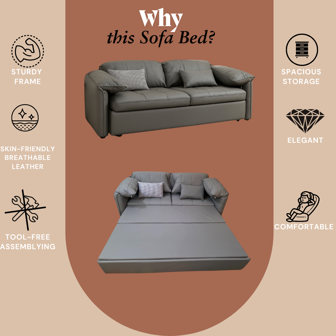 UNICORN FURNITURE Elephant-Style King Size Pull-Out Sofa Bed with Storage – Grey Leather Convertible Couch