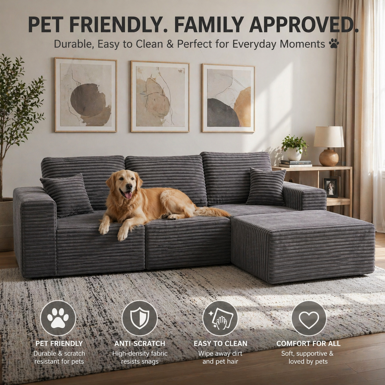 UNICORN FURNITURE Modular Cloud Sofa Bed in a Box – 275cm L-Shaped Boneless Couch, Deep Seat Memory Foam Sectional Sofa, Pet Friendly Corduroy Corner Sofa with Chaise (Dark Grey)