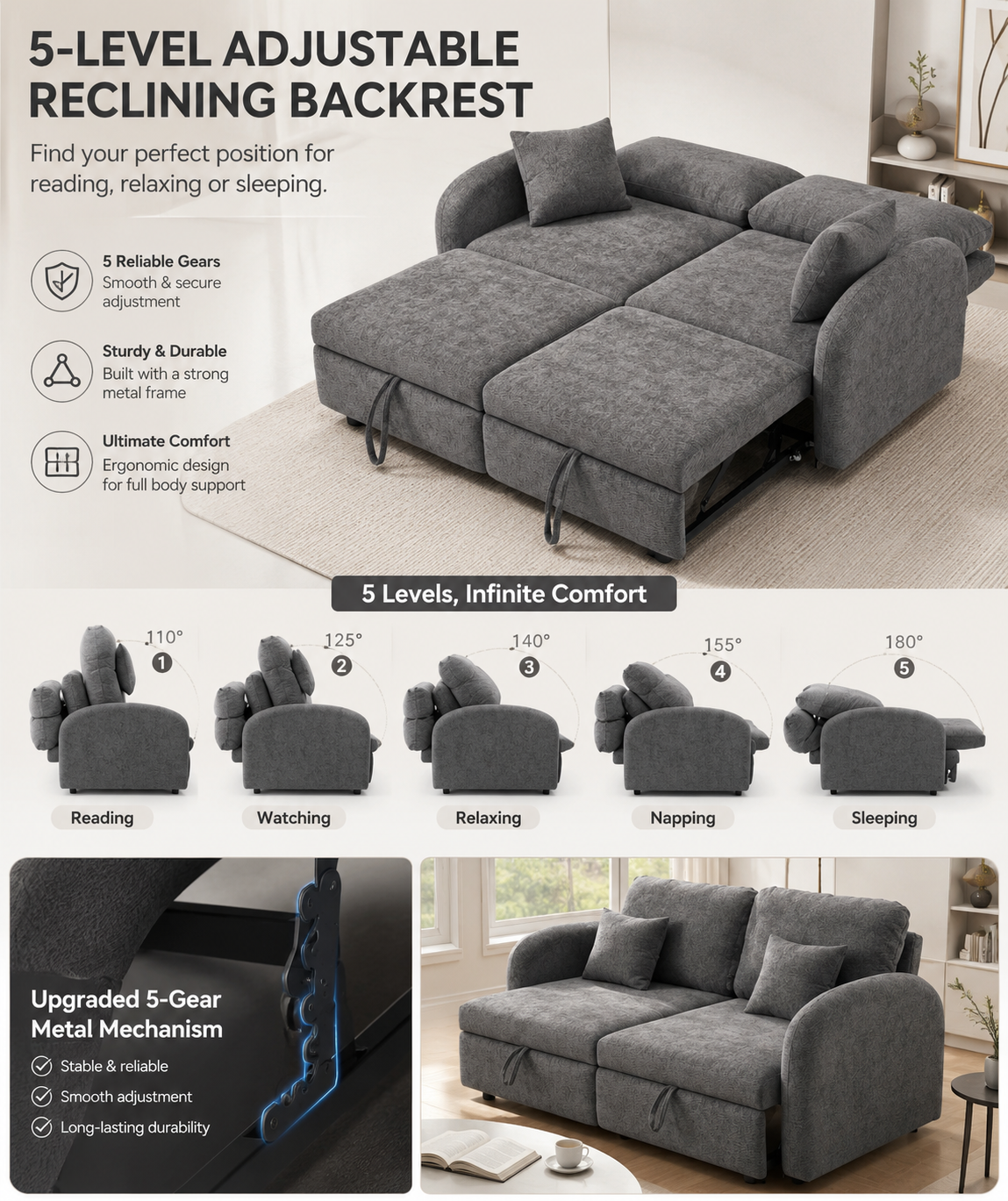 UNICORN FURNITURE Convertible 2 Seater Pull Out Sofa Bed with Storage & 5-Level Reclining Backrest – Dark Grey