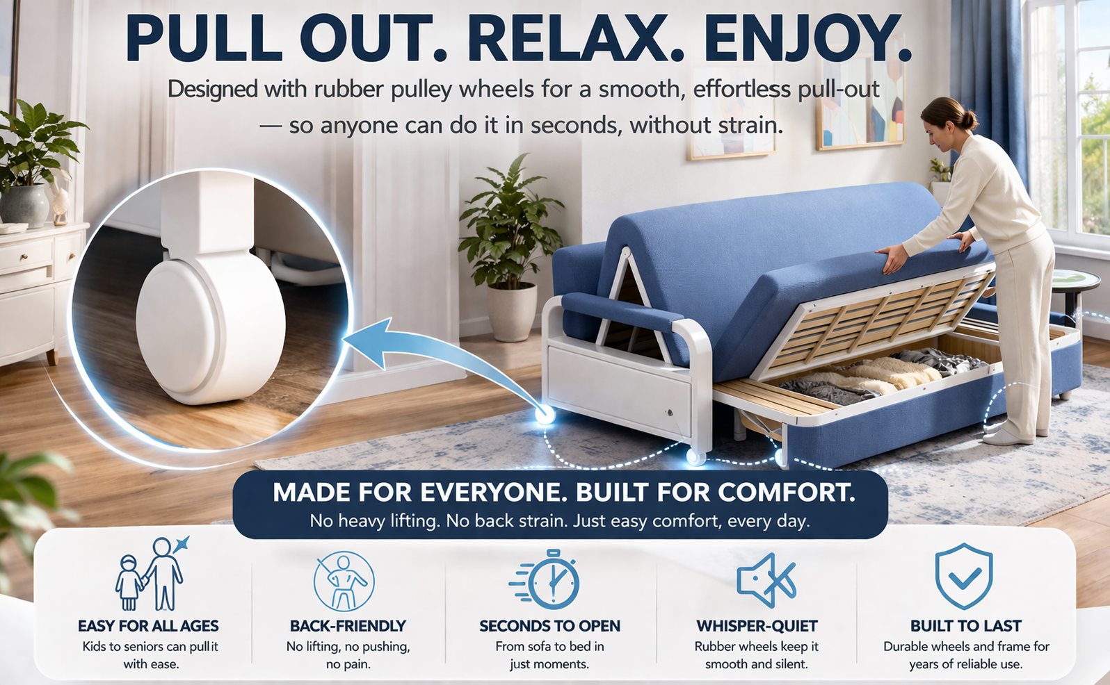 Unicorn Furniture Sofa Bed - Modern Foldable Bed Pull Out Sofa Bed with Storage Sofabed sofa cum bed in Made to Match Cushions (Blue/White)