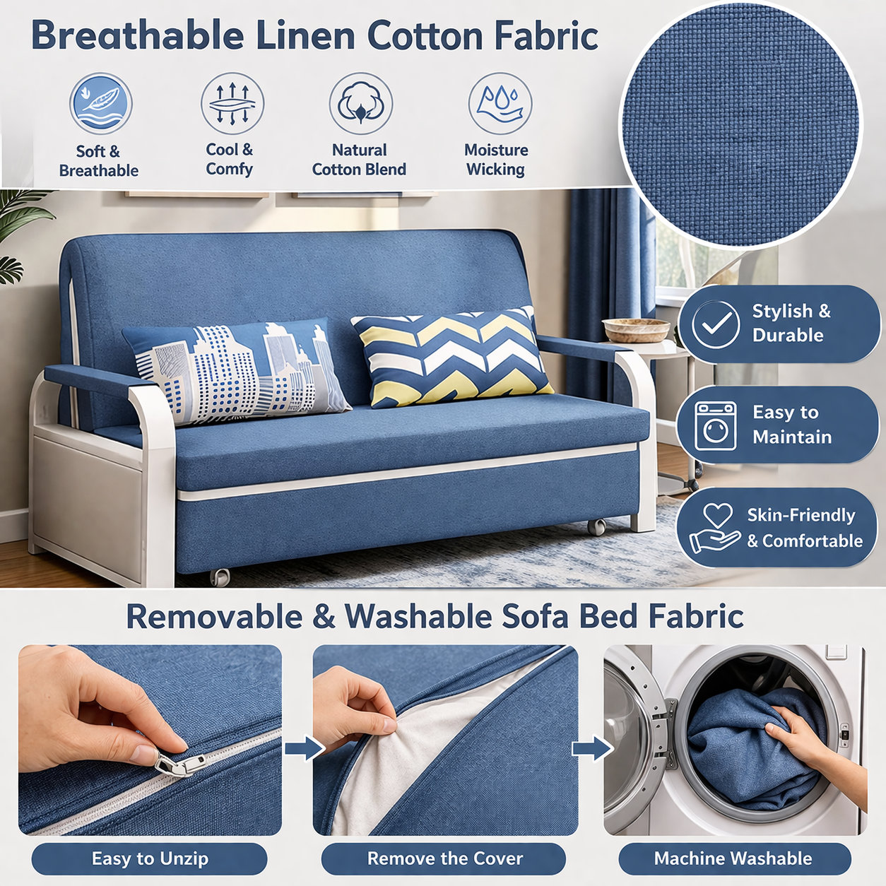 Unicorn Furniture Sofa Bed - Modern Foldable Bed Pull Out Sofa Bed with Storage Sofabed sofa cum bed in Made to Match Cushions (Blue/White)