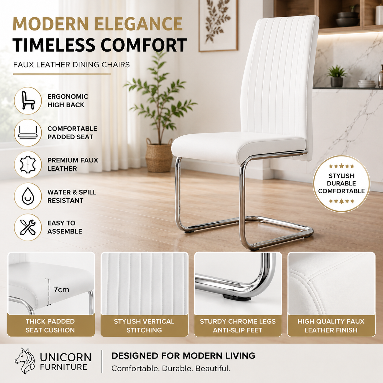 UNICORN FURNITURE Arezzo 100cm Round Glass Dining Table Set with 4 Faux Leather Chairs – Gold Chrome Table & Silver Chrome Legs