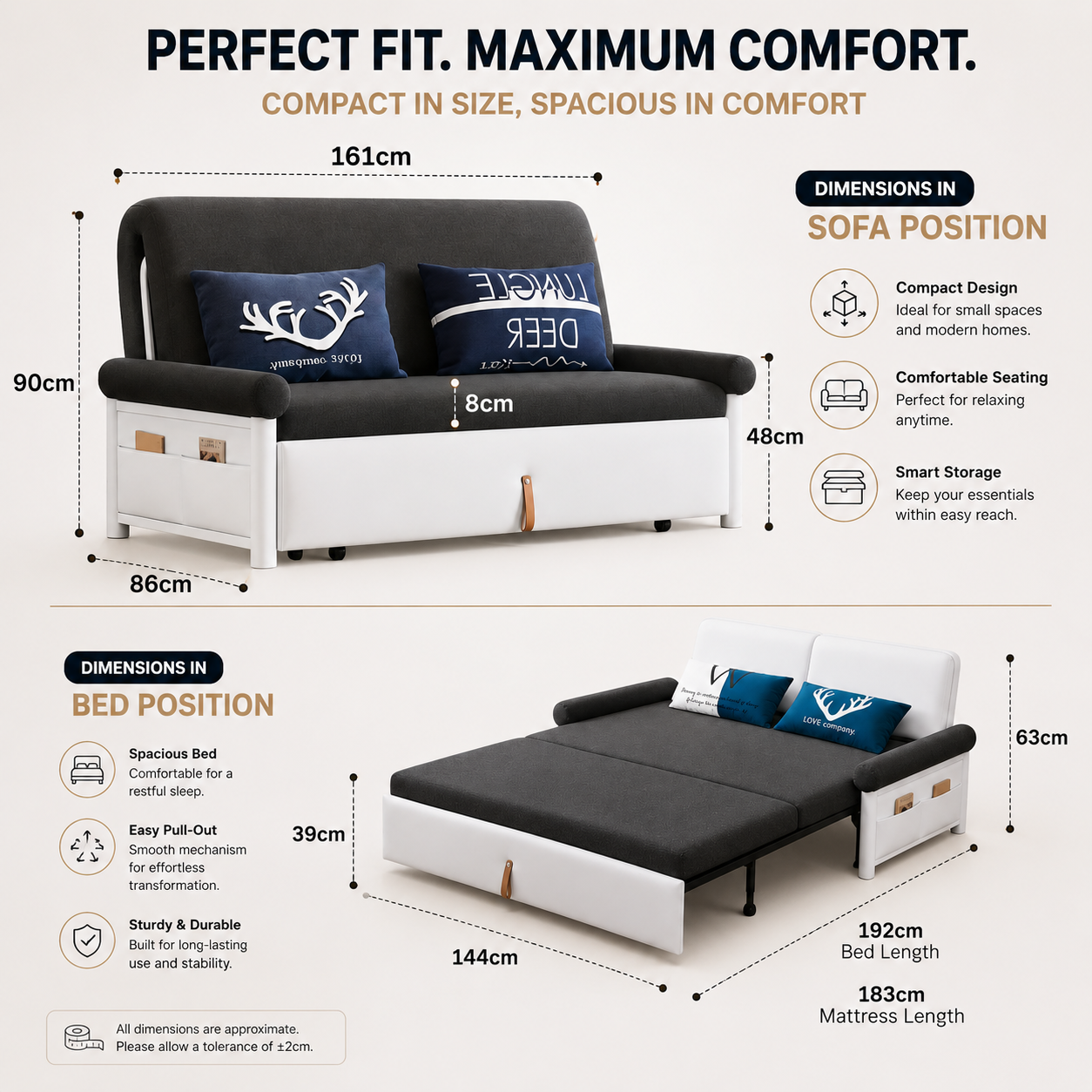 UNICORN FURNITURE Convertible Sofa Bed Double with Storage – 2 Seater Pull Out Sofa Bed, Modern Sofa Bed Double Sleeper Couch for Living Room, Guest Room & Small Spaces (Dark Grey)