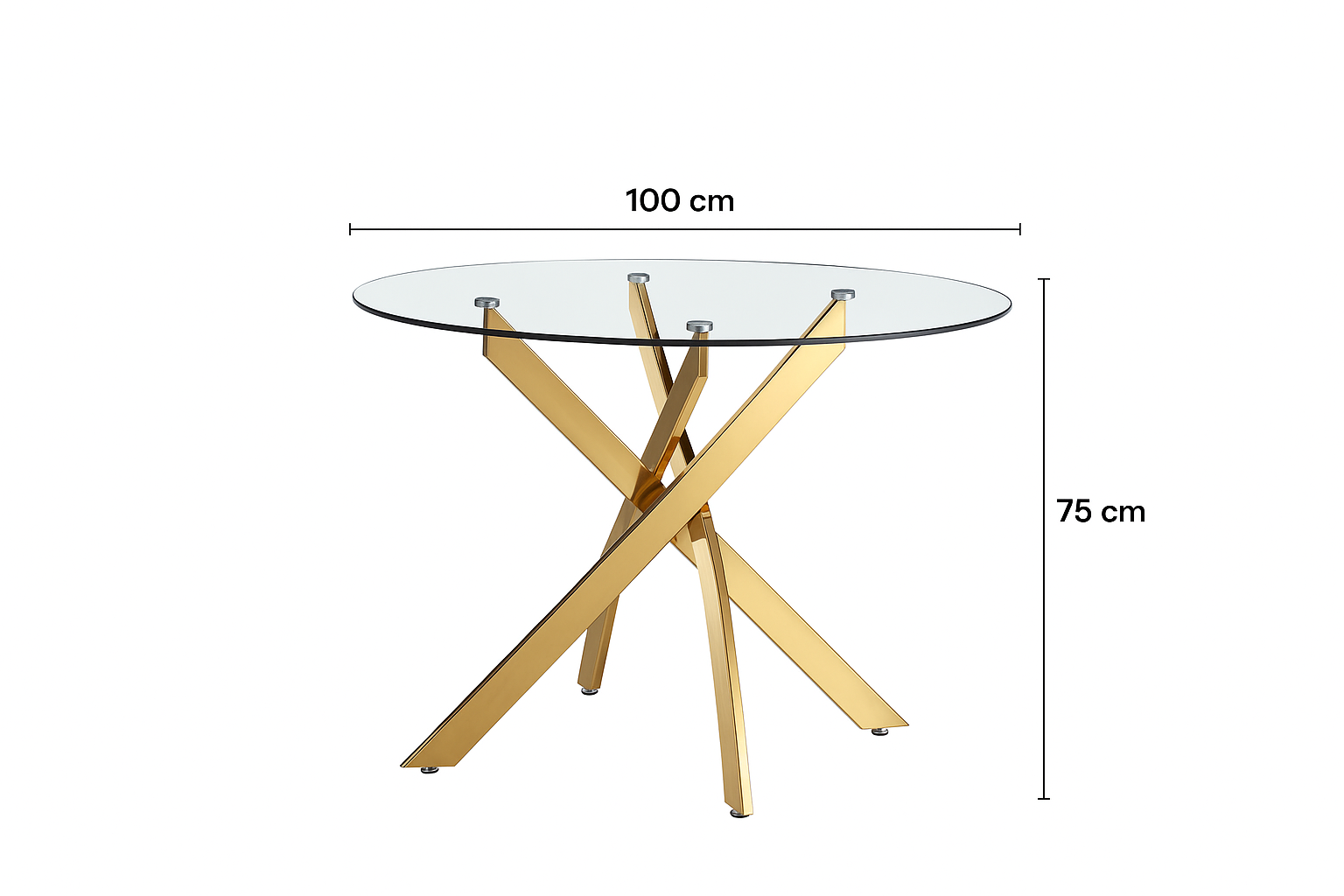 UNICORN FURNITURE Arezzo 100cm Round Glass Dining Table Set with 4 Faux Leather Chairs Gold Chrome Table Legs & Silver Chair Legs – Modern Kitchen & Dining Room Furniture for Small Spaces