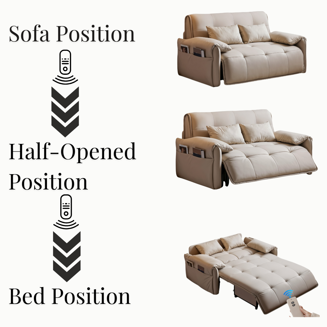 UNICORN FURNITURE Elephant Style Pull Out Sofa Bed Remote Control Recliner Motorised 3-Seater Pull Out Sofa Bed with Storage in Faux Leather with 5-Speed Adjustable Legrest, Ergonomic Support