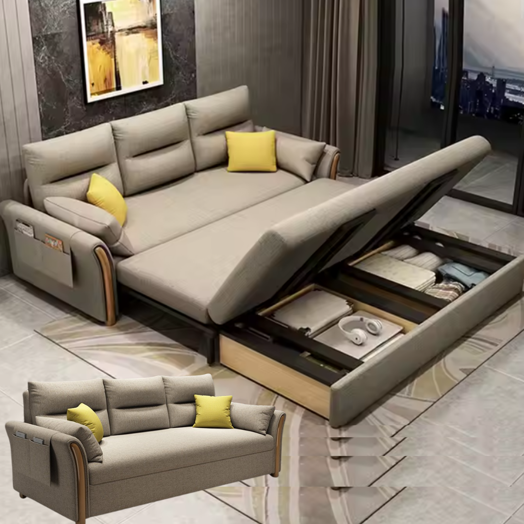 Unicorn Furniture Convertible Sofa Bed King Size Pull Out Sofabed with Storage in Cotton Fabric, Tool-Free Assembly, Modern Reclining Sleeper Couch for Living Room, Guest Room & Small Spaces (Beige)