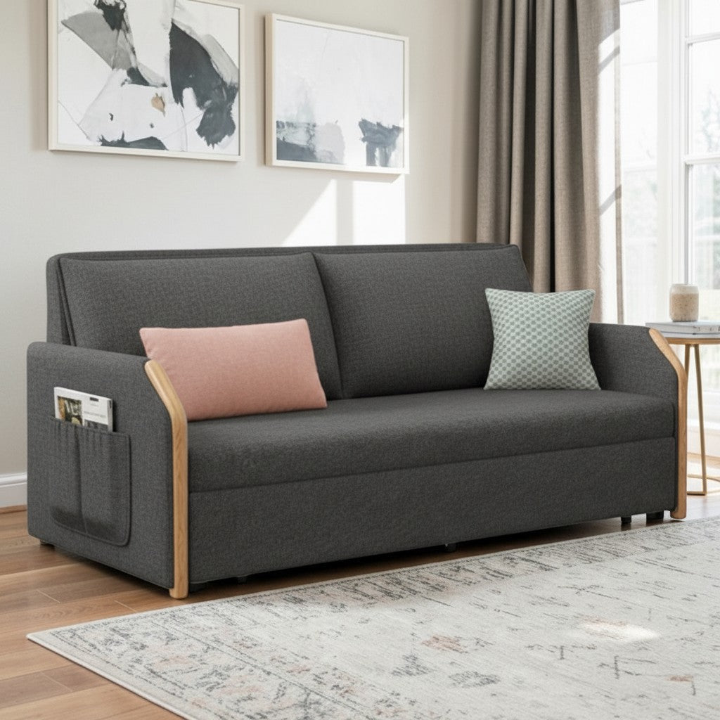 UNICORN FURNITURE Convertible Sofa Bed with Storage, King Size Pull Out Sofa Bed, 3 Seater Sofa Bed in Removable Cotton Fabric, Tool-Free Assembly Sofa Bed with Hidden Storage 170cm (Dark Grey)