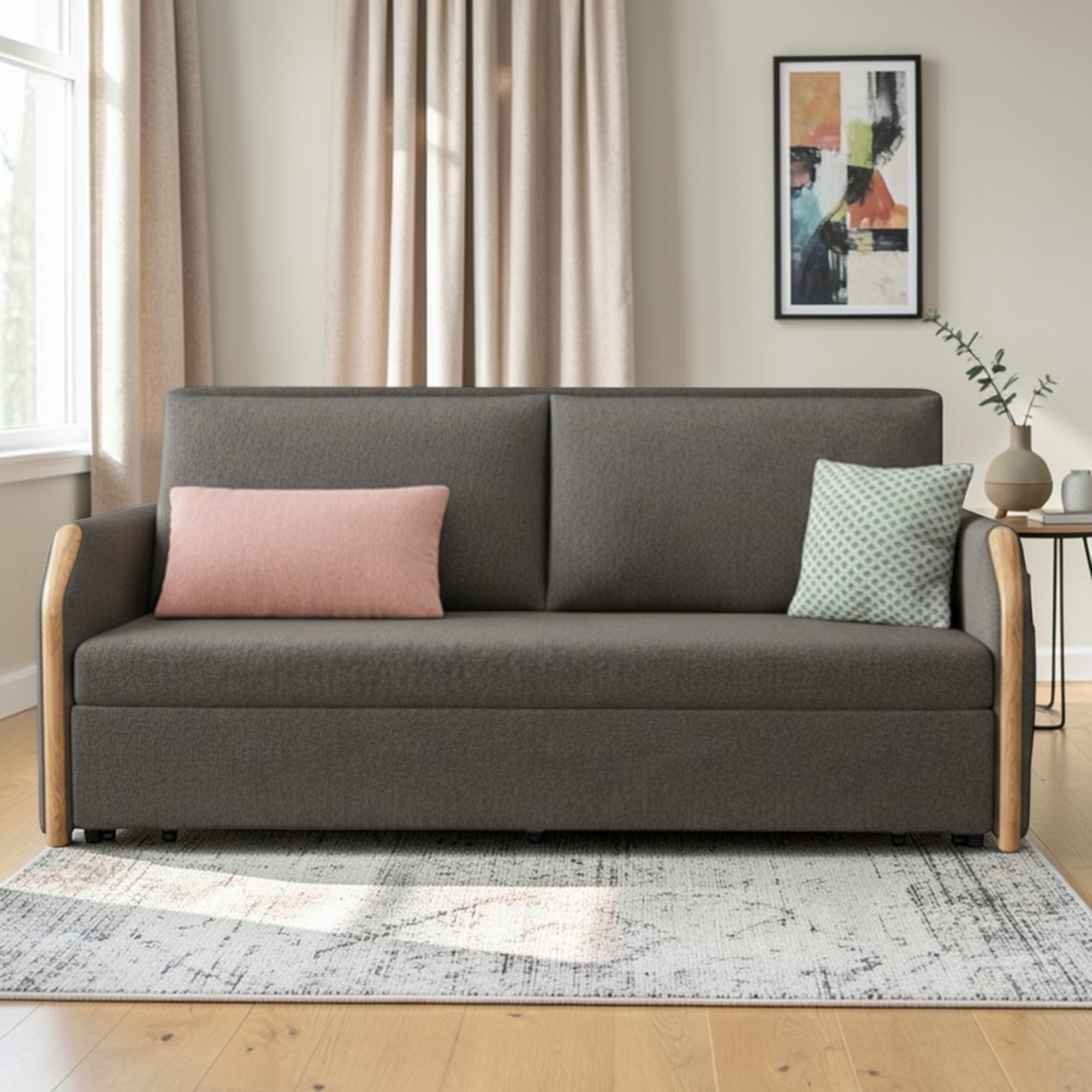UNICORN FURNITURE Convertible Sofa Bed with Storage, King Size Pull Out Sofa Bed, 3 Seater Sofa Bed in Removable Cotton Fabric, Tool-Free Assembly Sofa Bed with Hidden Storage 170cm (Dark Grey)