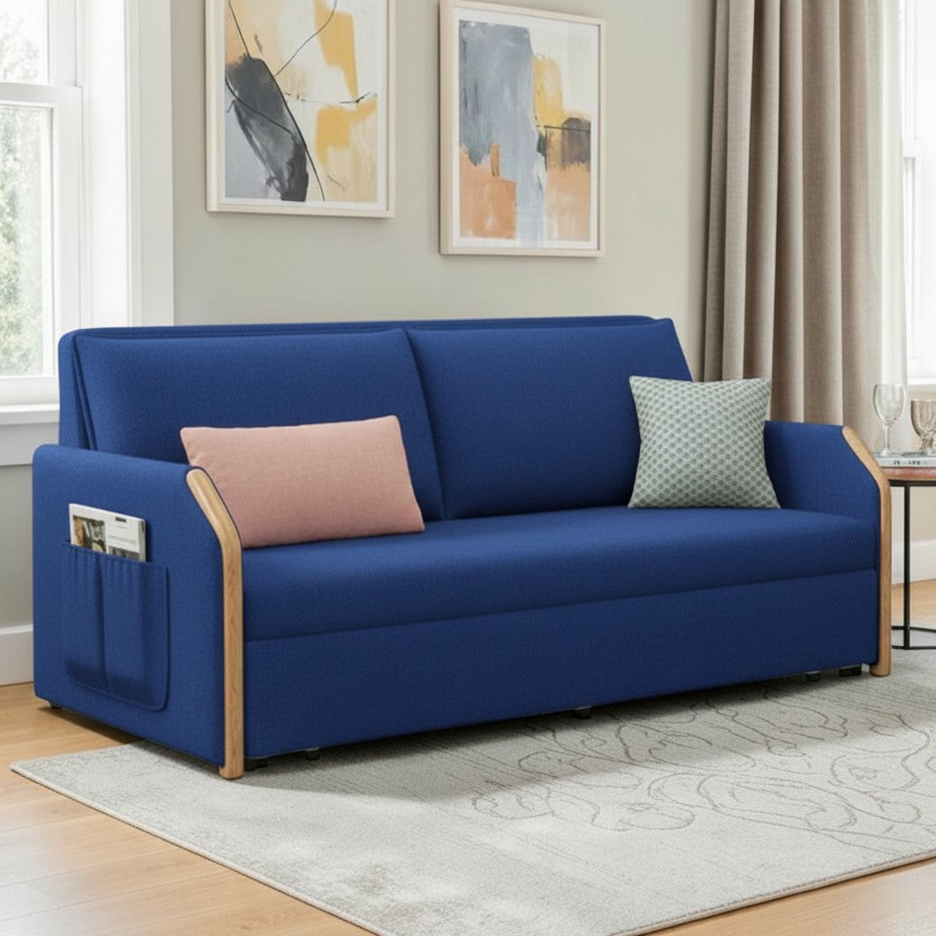 UNICORN FURNITURE Convertible Sofa Bed with Storage, King Size Pull Out Sofa Bed, 3 Seater Sofa Bed in Removable Cotton Fabric, Tool-Free Assembly Sofa Bed with Hidden Storage 170cm (Blue)