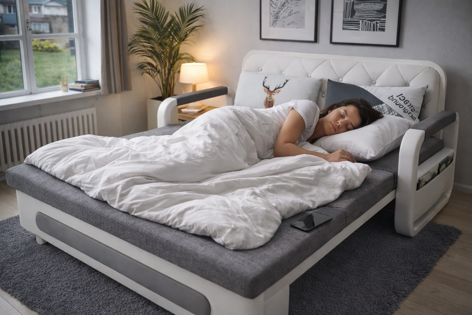 UNICORN FURNITURE Double Pull-Out Sofa Bed with Storage (158cm) – Grey Fabric + White Faux Leather | Convertible Sleeper Sofa Bed for Small Spaces