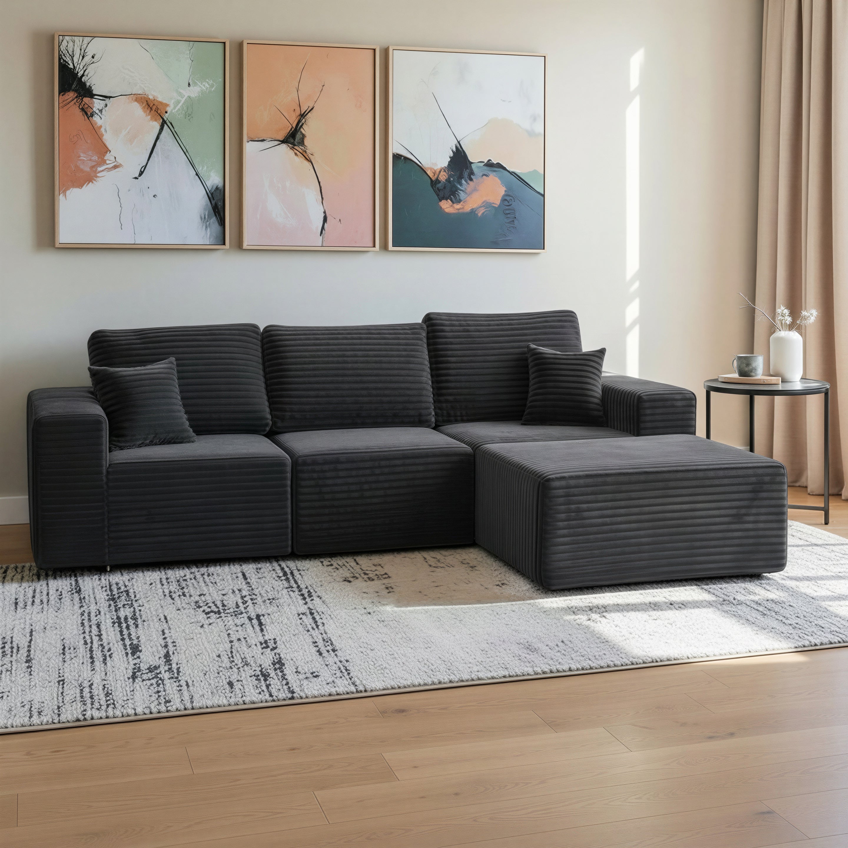 UNICORN FURNITURE Modular Cloud Sofa Bed in a Box – 275cm L-Shaped Boneless Couch, Deep Seat Memory Foam Sectional Sofa, Pet Friendly Corduroy Corner Sofa with Chaise (Dark Grey)