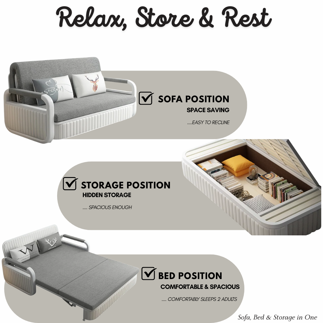 Unicorn Furniture Sofa Bed Modern Foldable Reclining Sleeper Bed Pull Out SofaBed with Storage Upholstered in Grey Cotton Linen & White Leather