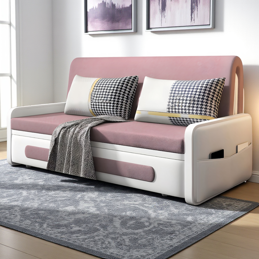UNICORN FURNITURE Convertible Sleeper Sofa Bed Modern Reclining Foldable Bed Pull Out Sofa Bed With Storage Space Saving Multifunctional Sofabed (Pink & White)