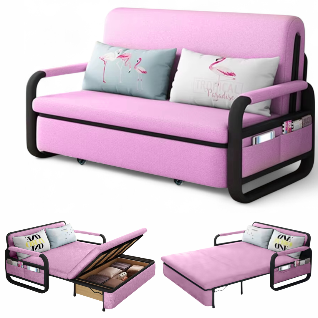 UNICORN FURNITURE Pull Out Sofa Bed with Storage – Convertible Reclining Compact Space Saving Sofabed for Small Spaces 158cm( Pink & Black)