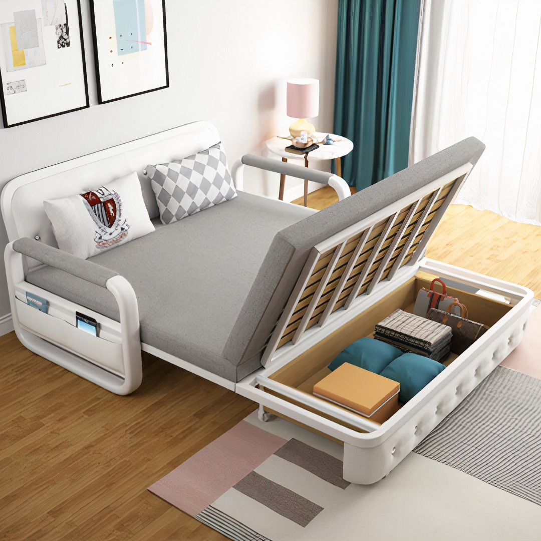 Unicorn Furniture Sofa Bed - Modern Foldable Bed Pull Out Sofa Bed with Storage Sofabed (grey fabric on white leather)