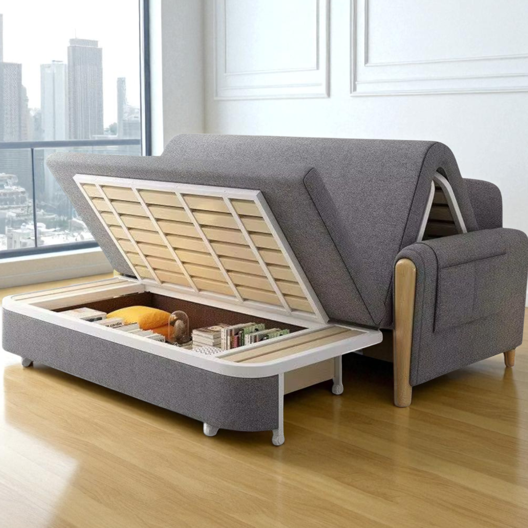 Unicorn Furniture Sofa Bed - Modern Foldable Bed - Pull Out Sofa Bed with Storage Breathable Cotton Linen Fabric- Sofabed- sofa cum bed in -Padded armrests (Grey)