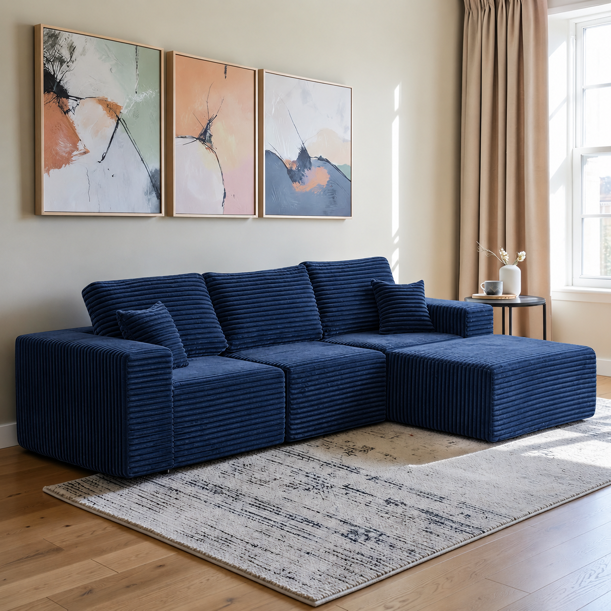 UNICORN FURNITURE Modular Cloud Sofa Bed in a Box – 275cm L-Shaped Boneless Couch, Deep Seat Memory Foam Sectional Sofa, Pet Friendly Corduroy Corner Sofa with Chaise (Blue)