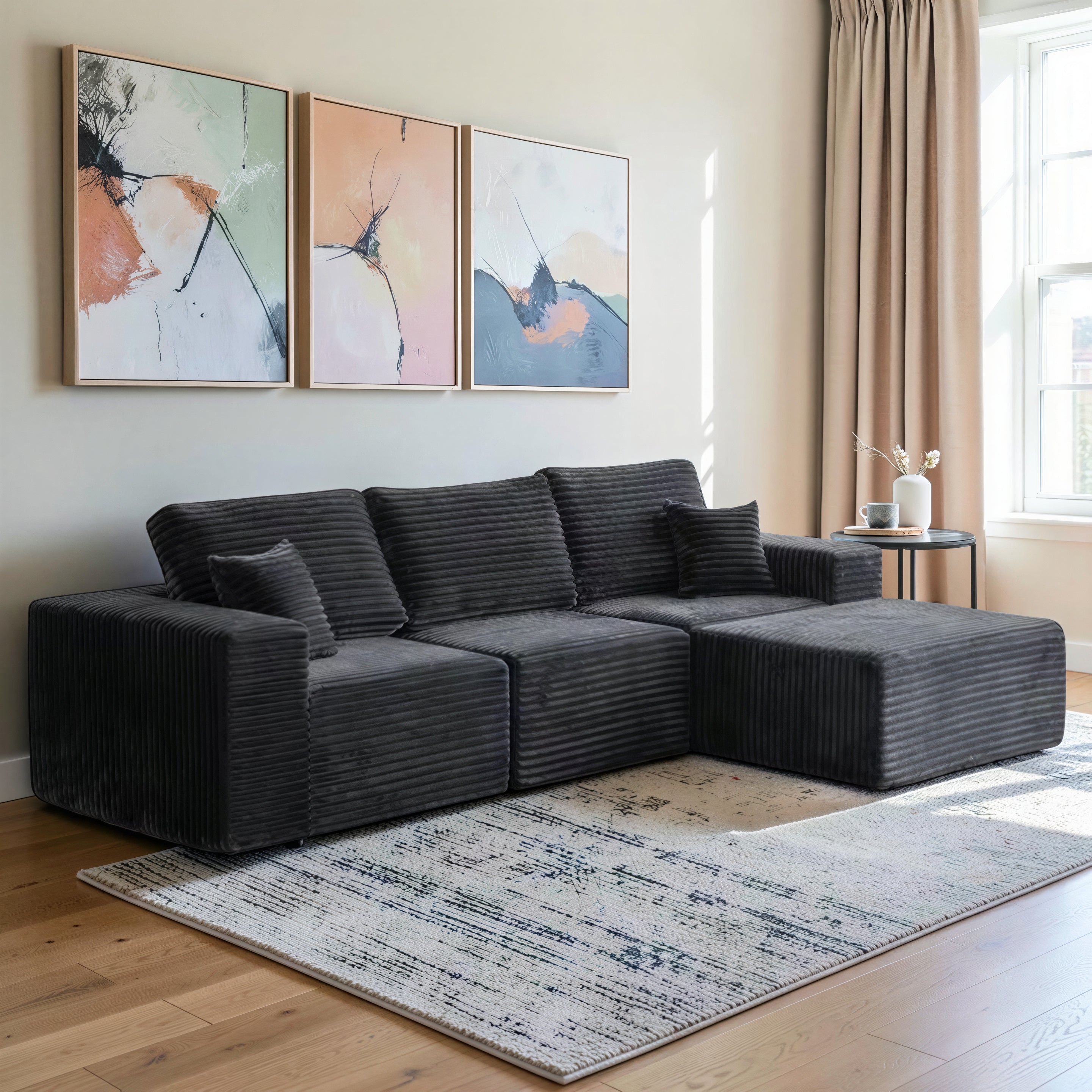 UNICORN FURNITURE Modular Cloud Sofa Bed in a Box – 275cm L-Shaped Boneless Couch, Deep Seat Memory Foam Sectional Sofa, Pet Friendly Corduroy Corner Sofa with Chaise (Dark Grey)
