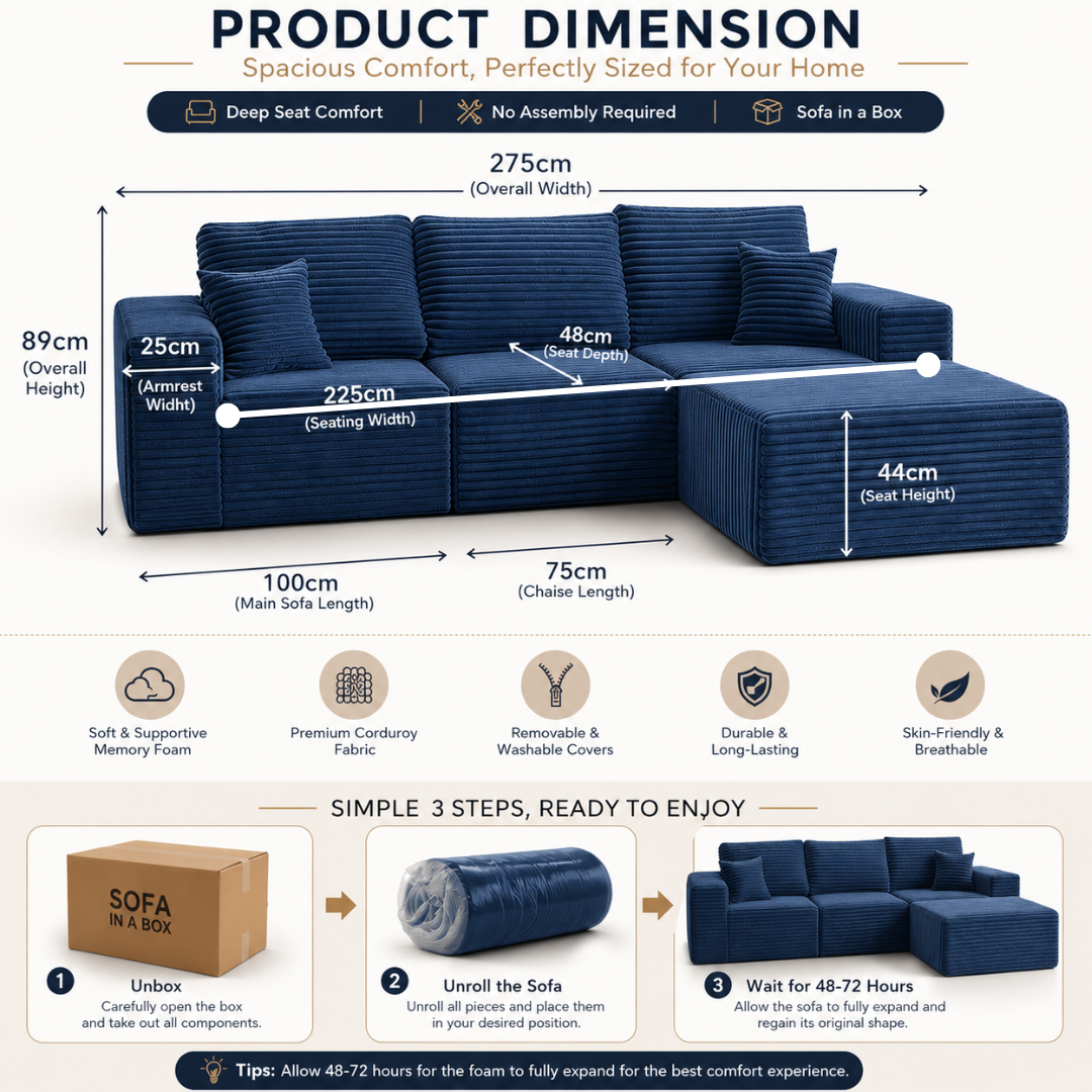 UNICORN FURNITURE Modular Cloud Sofa Bed in a Box – 275cm L-Shaped Boneless Couch, Deep Seat Memory Foam Sectional Sofa, Pet Friendly Corduroy Corner Sofa with Chaise (Blue)