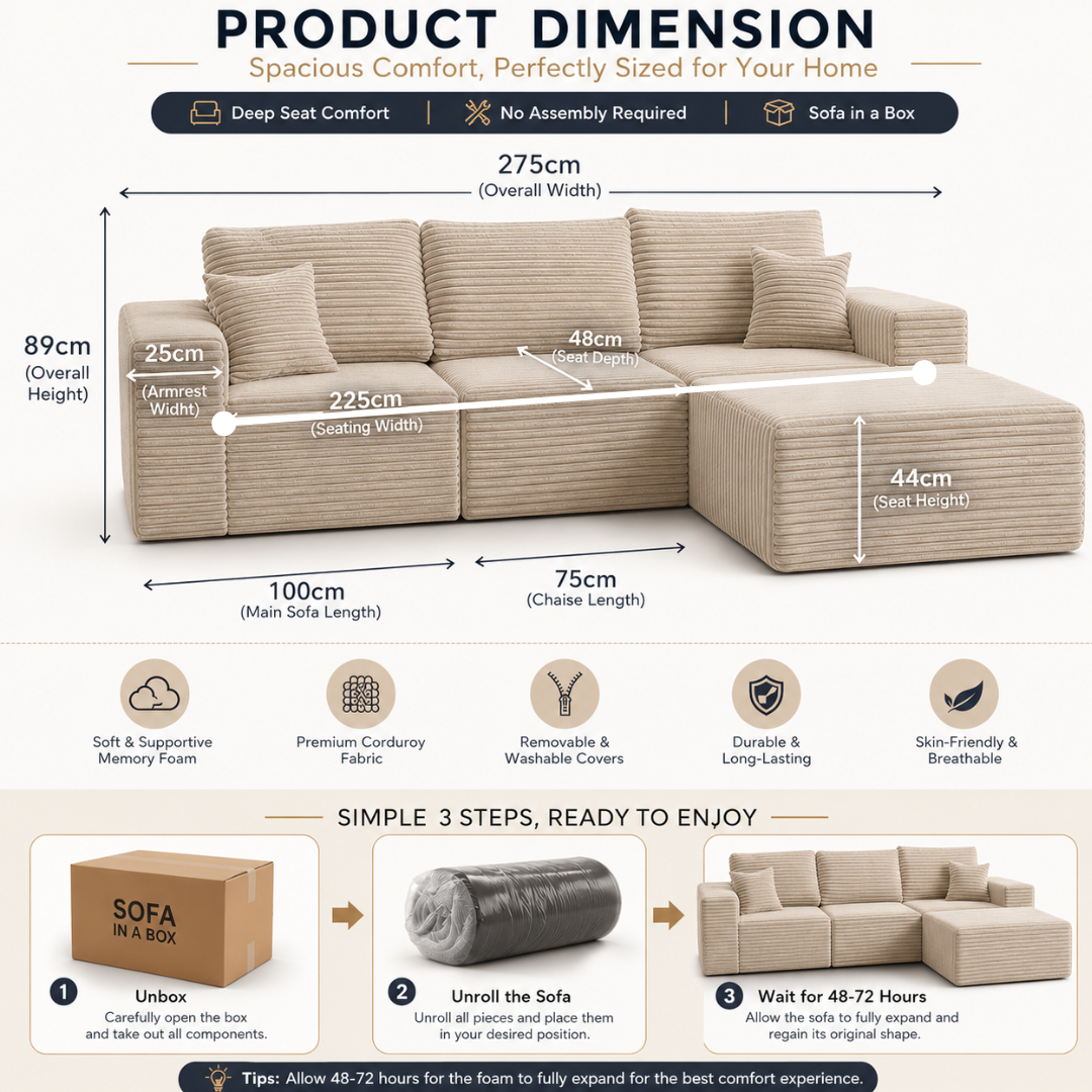 UNICORN FURNITURE Modular Cloud Sofa Bed in a Box – 275cm L-Shaped Boneless Couch, Deep Seat Memory Foam Sectional Sofa, Pet Friendly Corduroy Corner Sofa with Chaise (Beige)